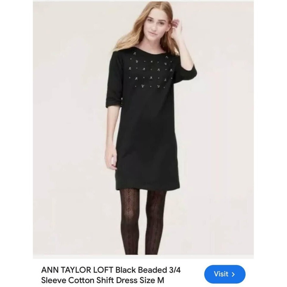 Women's‎ Black Loft Beaded 3/4 Sleeve Cotton T-Shirt Above Knee Dress-Size Large - Picture 4 of 5